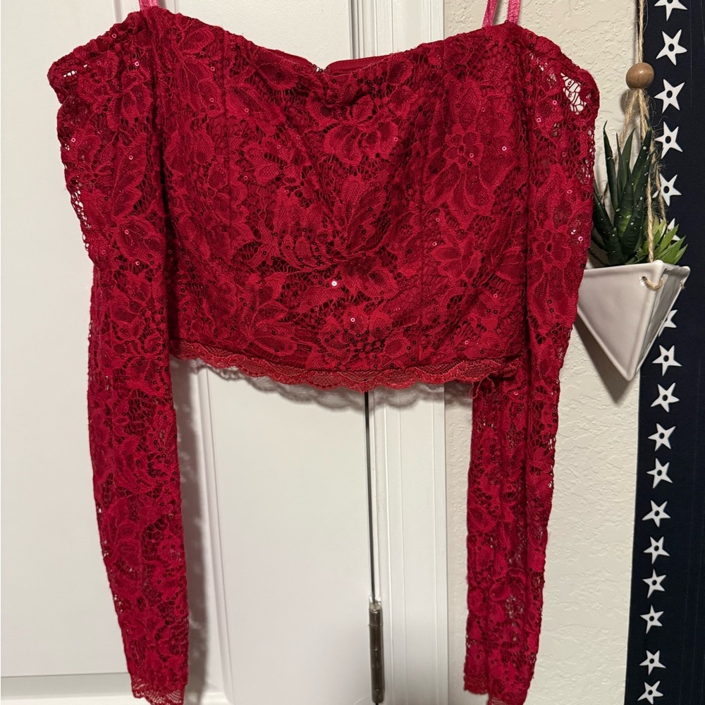 My Michelle Vibrant Red Lace Off-Shoulder Blouse
